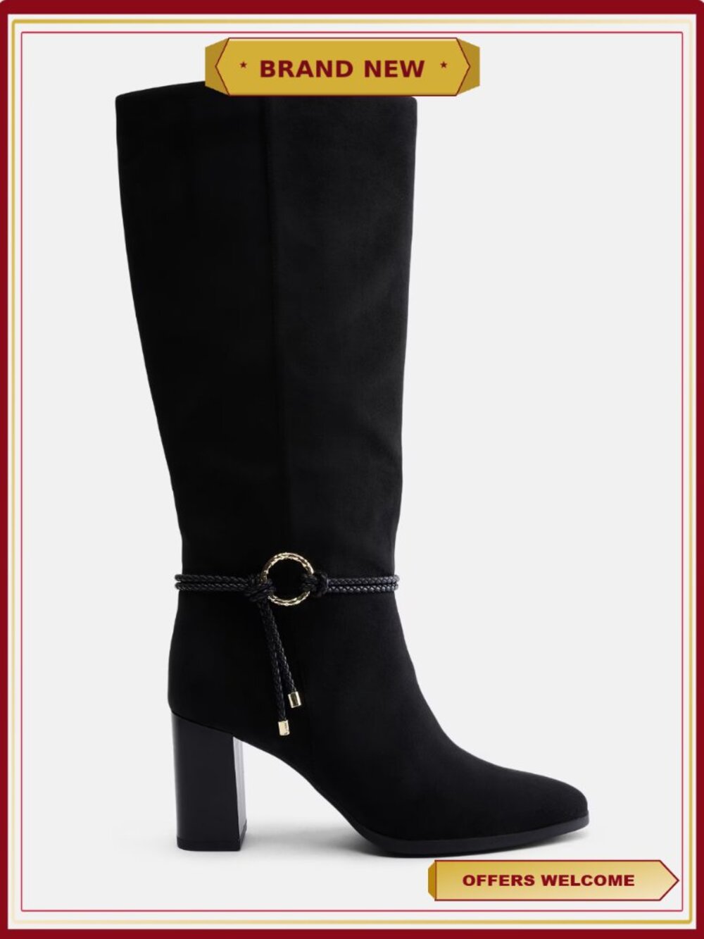 Women's Buckle Tall Boots with Stacked Heel, Side Buckle, Zip Closure